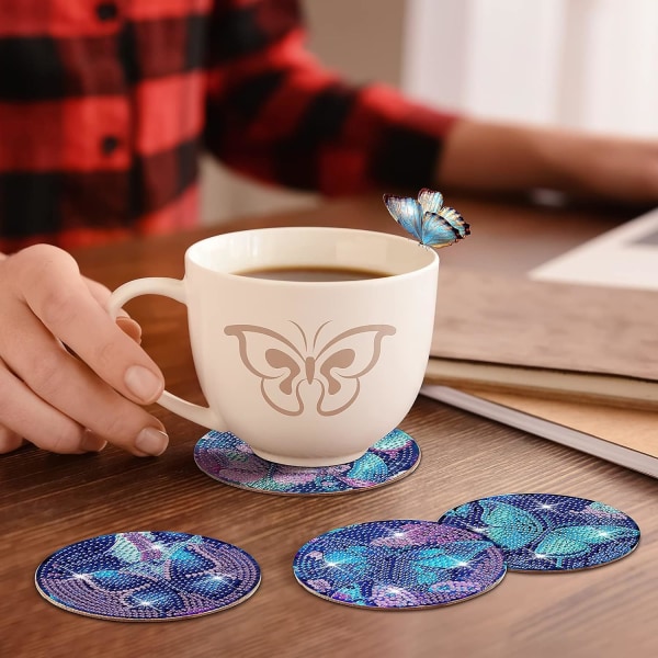 8 st Butterfly Diamond Art Målningsunderlägg Kit med hållare DIY Butterfly Diamond Art Coaster Halkunderlägg för vuxna