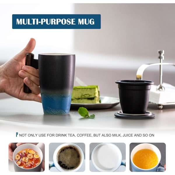 Tomotime Keraaminen Teekuppi Suodattimella ja Kannella Teemukit Puukahva 400ml/13.5oz Musta syaani