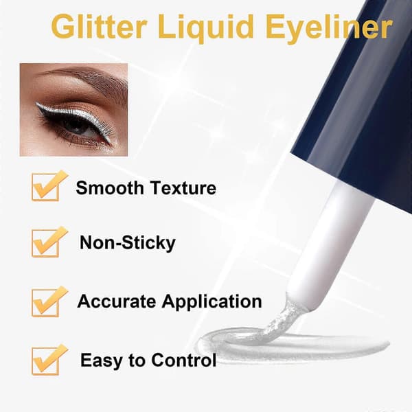 Vattentät Glitter Eyeliner, Långvarig Snabbtorkande Formula, Vit Glittrande Minidiamantdesign