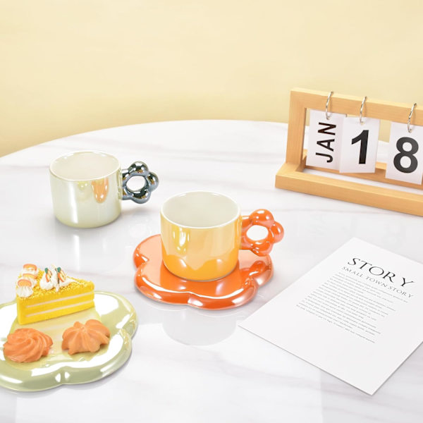 Keramisk kaffekop og underkop sæt, cappuccino espresso demitasse sød blomst form krus underkop, 10oz perfekt til mælkete latte havregryn (perle orange)