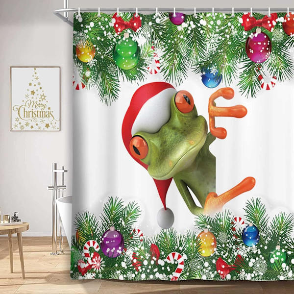 Glædelig Jul Bruseforhæng Sød Frø i Julehat, Farverige Julekugler Hvid Snefnug Dekoration Fyrretræ, Juleferie, 69X70 Tommer