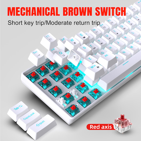 V800 68-tasters mekanisk spilltastatur, LED-bakgrunnsbelyst kablet tastatur, støtter akseutskifting, egnet for Windows XP/10/11, MAC, Linux (rød akse) White/blue light