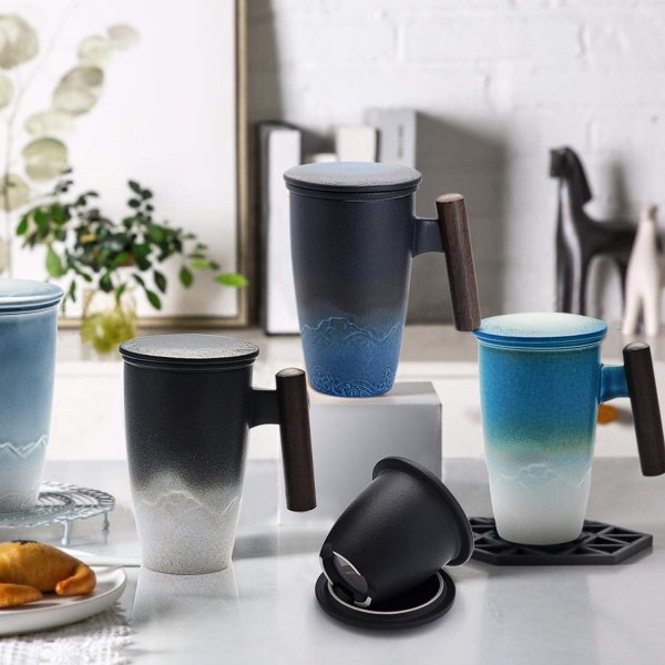 Tomotime Keramisk Tekopp med Infuser och Lock Te Koppar Trähandtag 400ml/13.5oz Svart Cyan