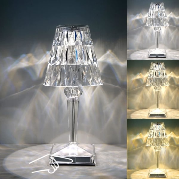 Krystallampe, trådløs lampe, farveskiftende touch-lampe, genopladelig diamantbordlampe til soveværelse, stue, festmiddag (3 farver)