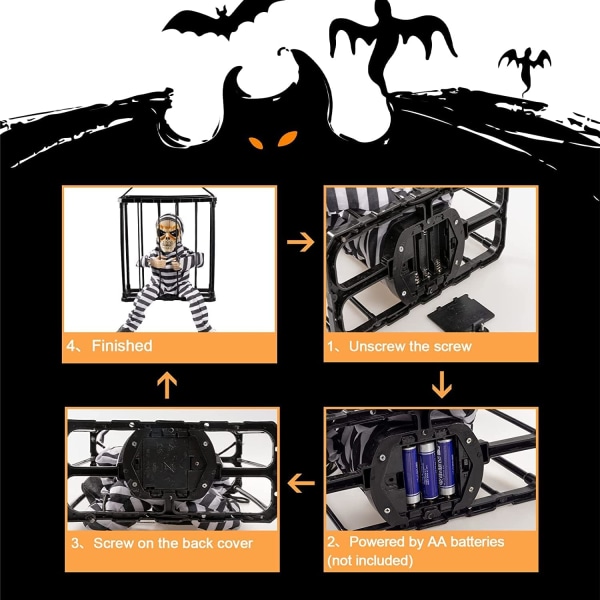 Halloween hengende dekorasjoner - Skrikende Halloween bevegelsessensor SkullCage fange med lysende øyne for Halloween-festdekorasjoner innendørs utendørs