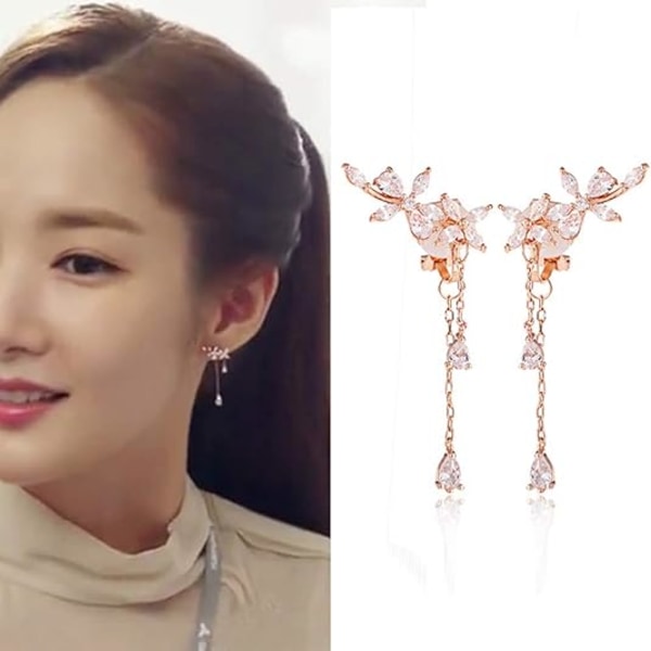 Clip på øredobber uten hull i ørene Frynser Dangle Tassel Drop Cubic Zirconia Blomst Kvinner Jenter