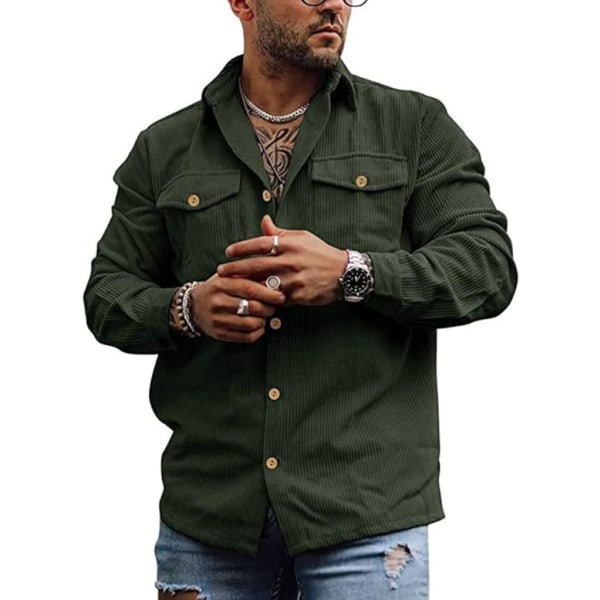 Manchesterskjortor för män Grön långärmad lastbilsjacka skjorta med knapp nertill Casual Work Shacket-skjorta med fickor（Storlek：XL）