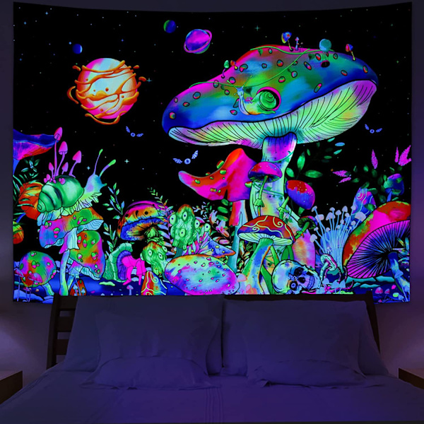 Svartljus astronaut gobeläng UV-reaktiv växter maneter neon galax rymd väggdekoration för rum W59×H51