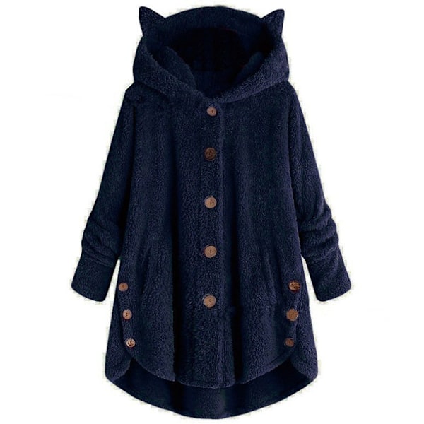 Naisten Trendikäs Epäsäännöllinen Yksivärinen Takki Plussahupun ja Kissankorvilla Navy blue 4XL