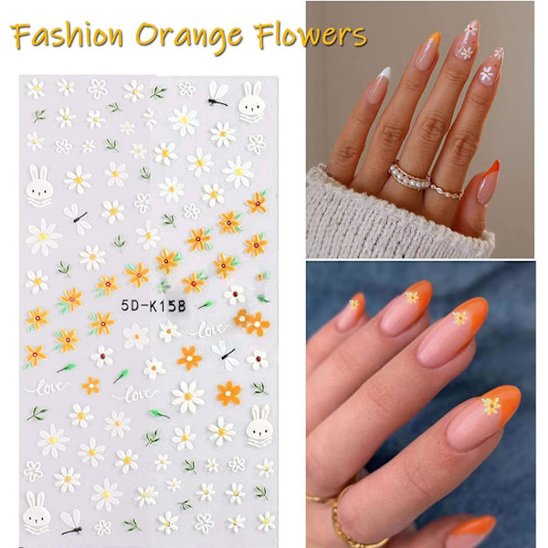 Blomster negleklistremerker, 5D pregede negleklistremerker negle design selvklebende negleforsyninger, fargerike blomster negleklistremerker for kvinner negledekorasjon
