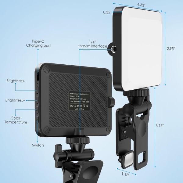 Klipsfyll videolampe - 80 LED kraftig oppladbar lampe, 3 lysmoduser for telefon, iPhone, Android, iPad og bærbar PC, for sminke
