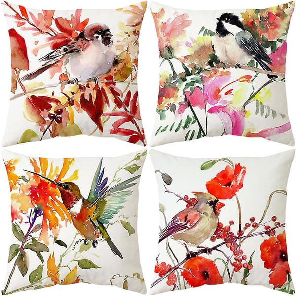 Sæt med 4 søde pudebetræk 45x45cm, blomsterfuglemønster dekorative pudebetræk til seng sofa stue soveværelse