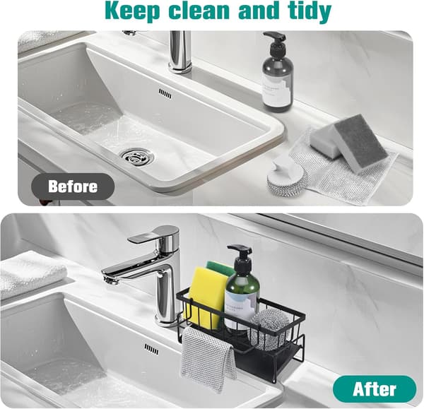 Dish rack for kitchen counter, stainless steel sink organizer, sink storage rack with automatic drain tray, suitable for pre-washing