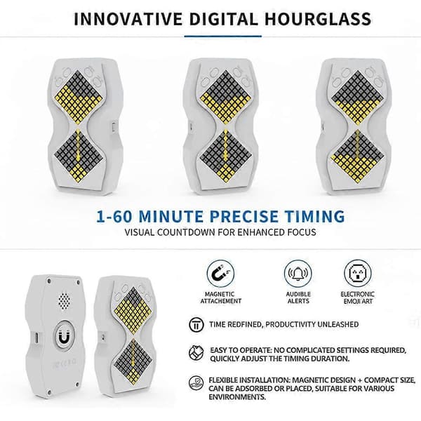 LED Visuell Timglas Timer, 1-60 Minuters Nedräkning med Magnetfäste, Summerlarm & Dimbar Nattlampa, Sandtimer