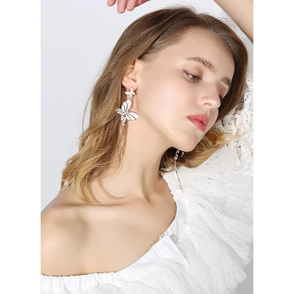 Rosaguld Sommerfugl Dangle Øreringe Lyse Rosa Emallerede med Perlemor Sommerfugl Kvast Lange Øreringe Pierced/Clip On Øreringe