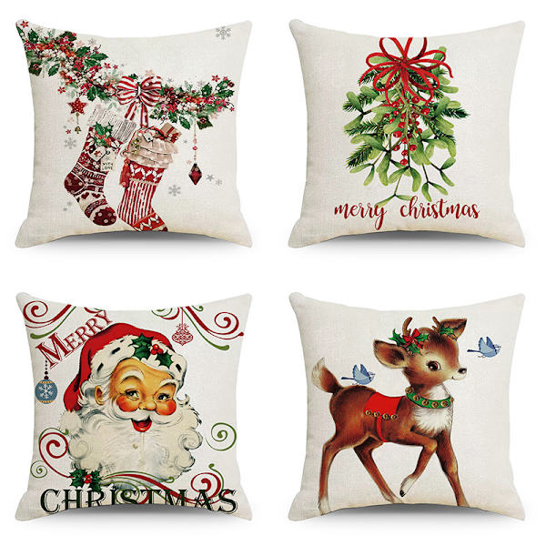 Jul Kasta Kuddfodral 18 x 18 Tum Set om 4 Vinter Dekor Kuddfodral Bondgård Snögubbe Jultomten Kuddfodral God Jul