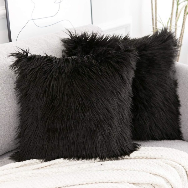 Sæt med 2 sorte dekorative pudebetræk Ny luksusserie Merino Style Faux Fur Fluffy Throw Pillow Covers Square Fuzzy Cushion Case 18x18 tommer