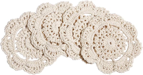 Lace Round Crocheted Coasters, Handmade, 4 inch, 4-pack (Off-white)