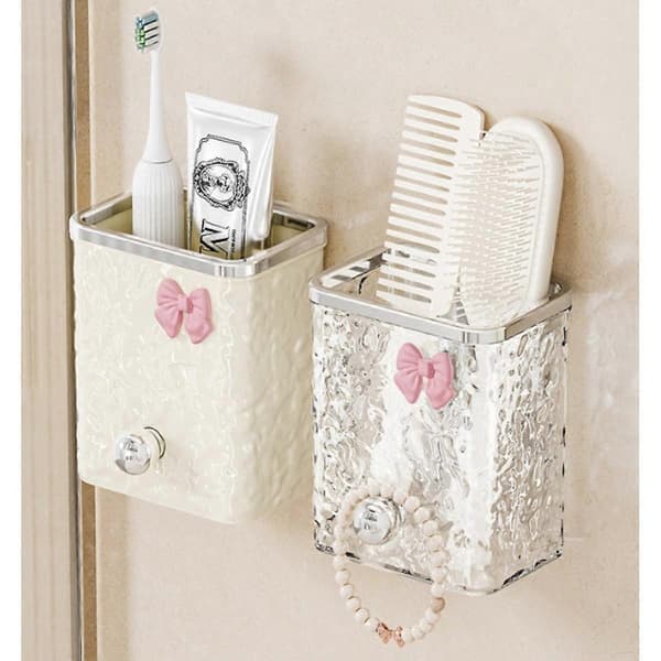 Bathroom Storage Cup Wall Mounted 2-Pack Drill-Free Self-Adhesive, Milk PET+ABS with Built-in Hook