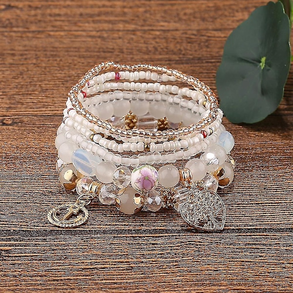 1 stk. Boheme Perlebesat Multilayer Armbånd - Stabelbare Perlebesatte Elastiske Armringe med Glitrende Krystalblanding, Tassel Charm Vedhæng Multilayer Perlebesat Armbånd