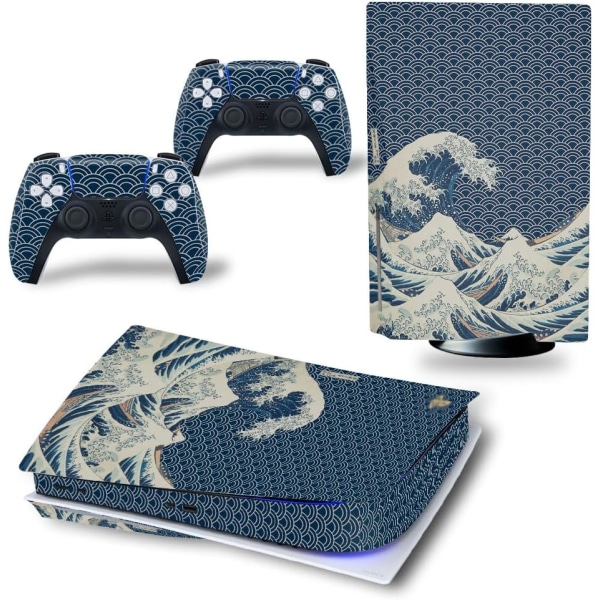 Skin Sticker för PS5 Disc Edition-konsol och trådlösa kontroller, cover med full skyddande hud för PS5 Disc Edition (Blue Sea Wave)