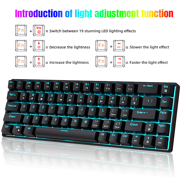 V800 68-tasters mekanisk spilltastatur, LED-bakgrunnsbelyst kablet tastatur, støtter akseutskifting, egnet for Windows XP/10/11, MAC, Linux (blå akse) Black/blue light