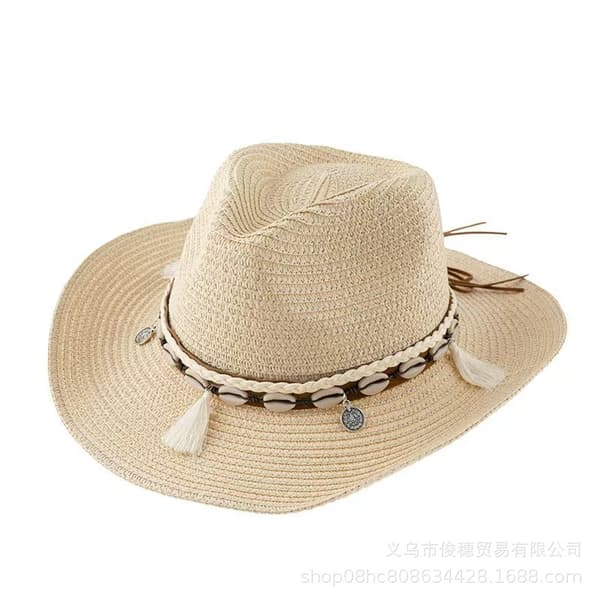 Cowboyhat til kvinder i strå, solhat, bredskygget strandhat i strå Beige