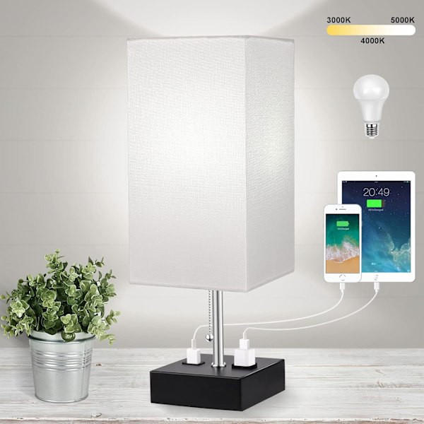 3-Farvet Bedside Lampe med USB Port og AC Stikkontakt Bordlamper til Soveværelse Natbordlamper med Blå Skærm Sort Metal Bedlampe