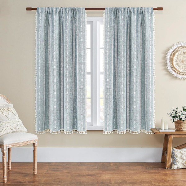 Bohemian Style Soveværelse Broderede Stribede Landhus Gardiner 84 Tommer Lange 2 Stykker Sæt Blå Linned Gardiner( B 132,08 cm x L 160,02 cm, Blå )
