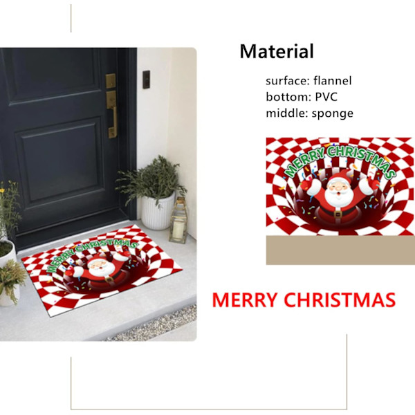 Jul 3D Illusion Santa Dörrmatta, Liten Mattdekoration Inomhus och Utomhus Välkommen Dörrmatta Halkskyddad Julmatta, 16x24 Tum