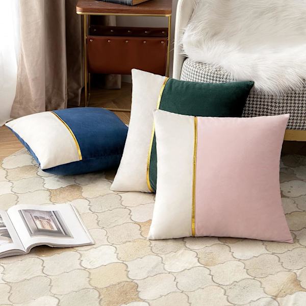 Ett paket med 2 dekorativa kuddfodral i sammet, parat med fyrkantiga, solida, mjuka kuddfodral i guldläder, soffkuddfodral 18 x 18 tum rosa