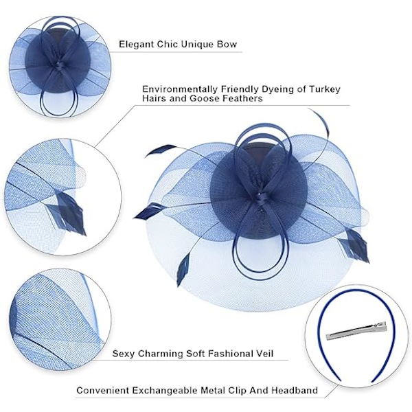 Fascinator til kvinder til te-selskab, kirke, cocktail, fjer, slør, pandebånd med hårklemme