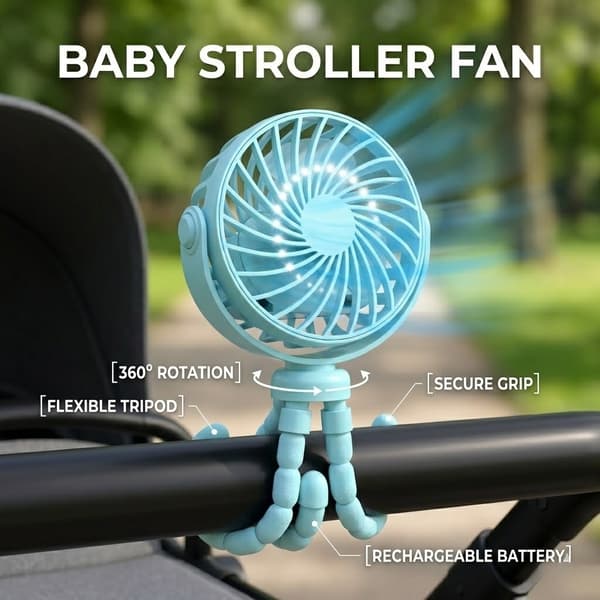 Bærbar fleksibel stativvognsventilator, USB genopladelig mini-blæksprutteventilator, ultra-stille, velegnet til bilsæder og rejser.