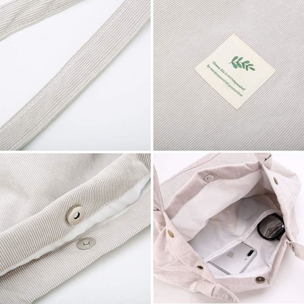 Kordväv Tote Bag för kvinnor flickor Stor återanvändbar bärväska med innerficka A-Svart