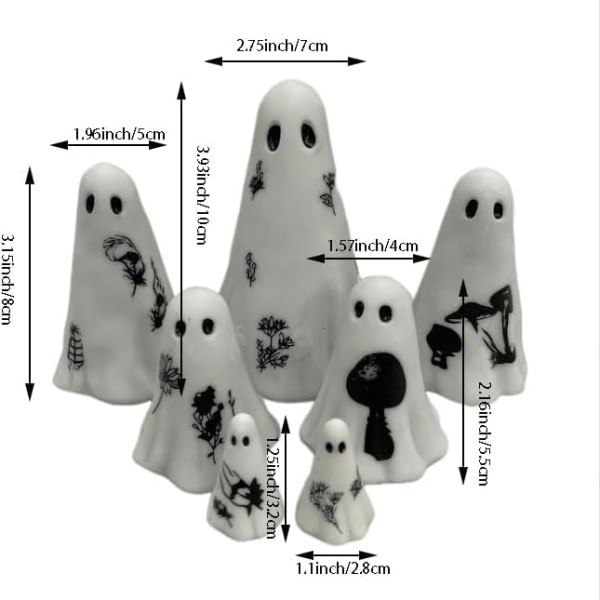 7 stk. Hvide Resin Uhyggelige Figurer, Søde Håndmalede Spøgelsesfigurer, Uhyggelige Halloween Statuer til Spøghus, Horror Fest, Kontor, Hjemmeindretning