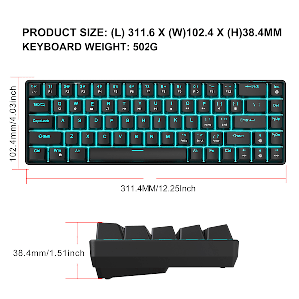 V800 68-tasters mekanisk spilltastatur, LED-bakgrunnsbelyst kablet tastatur, støtter akseutskifting, egnet for Windows XP/10/11, MAC, Linux (rød akse) White/pink light
