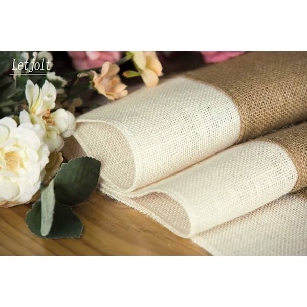 Hesseløper i jute, rustikk bordløper, bondegårdsdekor, makramé bordløper, vevd jute stoff, lys kant 12x48 tommer