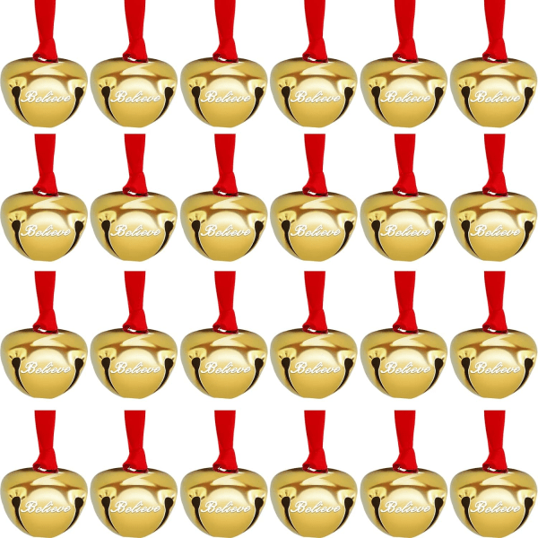 24 stycken Christmas Believe Bell Ornaments 1,5 tum Polar Express Bell Silver Gold Slägh Bell Julgran Bell Dekoration Holiday Treat (guld)
