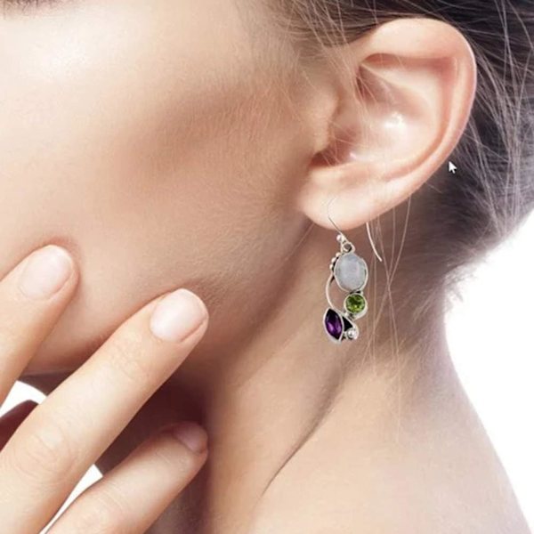 Upeat koukku-korvakorut Vintage Marquise Round Faux Moonstone Emerald Amethyst Dangle Hook -korvakorut - Hopeiset korvakorut Käytännölliset ja mukavat