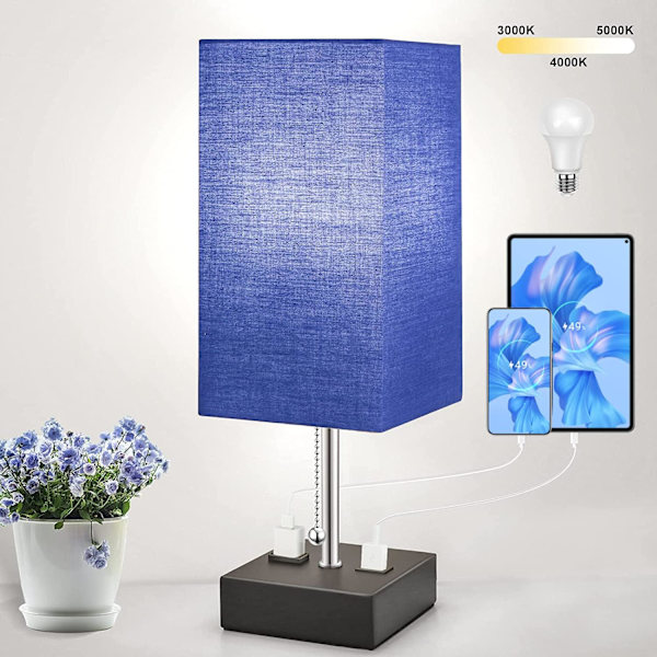 3-Farvet Bedside Lampe med USB Port og AC Stikkontakt Bordlamper til Soveværelse Natbordlamper med Blå Skærm Sort Metal Bedlampe
