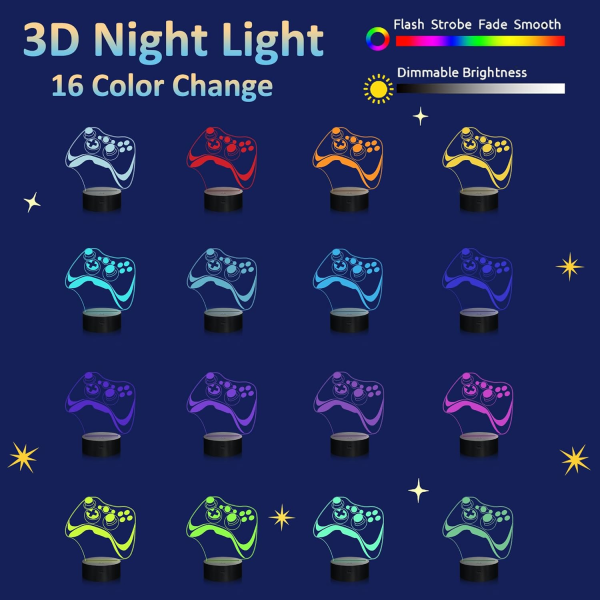 Hologram Controller 3D Nattlampa för Barn, 16 Färger & Fjärrkontroll Dimmer Kontroll Pojke Flicka Videospel Rum Tillbehör som Jul Födelsedagspresent till Barn