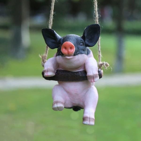 Ulkoilmapatsaat - Puutarhafiguuri Swing Pig Pendant Resin Animal Statue Garden Crafts Koristeet Koristelu (Väri: Pink+musta)