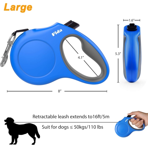 Inntrekkbar hundekobbel med dispenser og hundeposer, 16 fot hundekobbel, sklisikkert håndtak, flokefritt, reflekterende nylonbånd (L, blå)