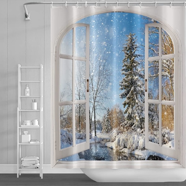 Vinter snöig duschdraperi, fönsterutsikt blå himmel vinter julgran flod natur snöig scen badgardiner för semester 71\" x 71\"
