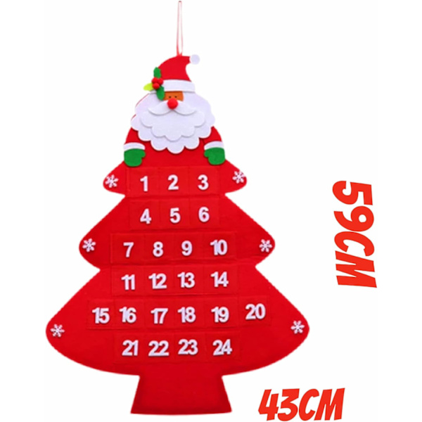 Nedräkning till jul - Barns festliga återanvändbara traditionella filt-adventskalender med 24 dagars fickor - Hängande