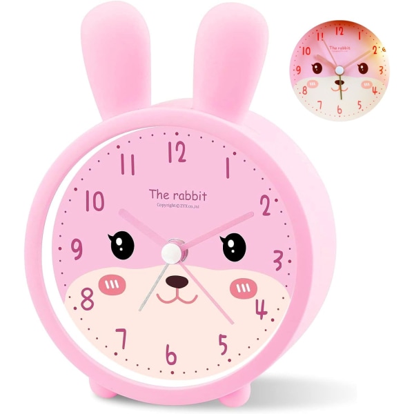 Barnväckarklocka för flickor, tyst morgonväckarklocka utan tickande, analogt upplyst väckarklocka, lätt att set in, batteridriven (Rosa Rabbit)