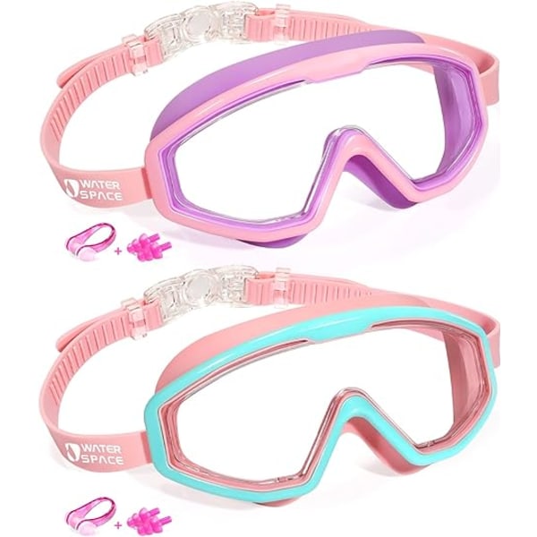 Water Space 2 Pack Swimming Goggles for Kids Boys Girls 3-15, Wide Vision Anti-fog UV protection and Waterproof