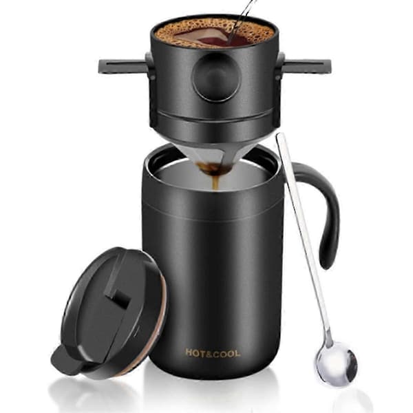 Bærbart kaffesæt til camping med krus og filter i rustfrit stål Svart
