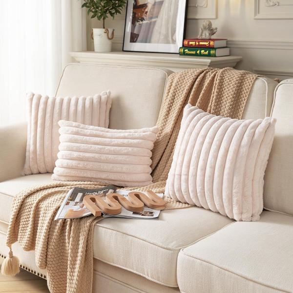 2 kappaleen pakkaus, kaksipuolinen tekoturkispehmeä koristeellinen tyynynpäällinen, pörröinen raidallinen pehmeä tyynyliinan tyynynpäällinen, beige 16x16 tuumaa