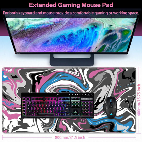 Gaming Mouse Pad, Canjoy Fluid Pattern Mouse Pad 31.5x15.7inch Stor Udvidet Computer Mouse Mat Keyboard Fuld Skrivebord Mousepad til Gaming, Kontor, Hjem